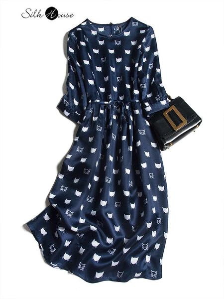 

тихий и элегантный 19 мм шелковый сатин смешные котенка среднего платья, Black;gray