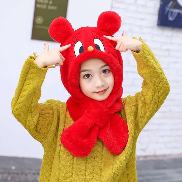 

cartoon baby hat autumn winter boys and girls lovely warm windproof ear cover neck cross one scarf, Red;brown