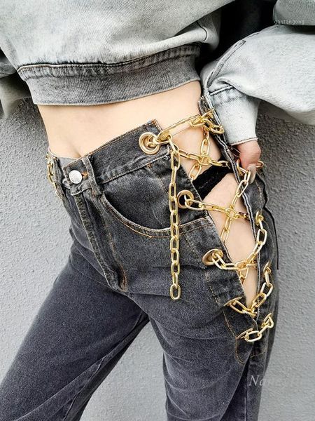 

2020 autumn new cool gold chain corns jeans women's side slit casual denim jean pants lady hipster fashion long straight pants1, Blue
