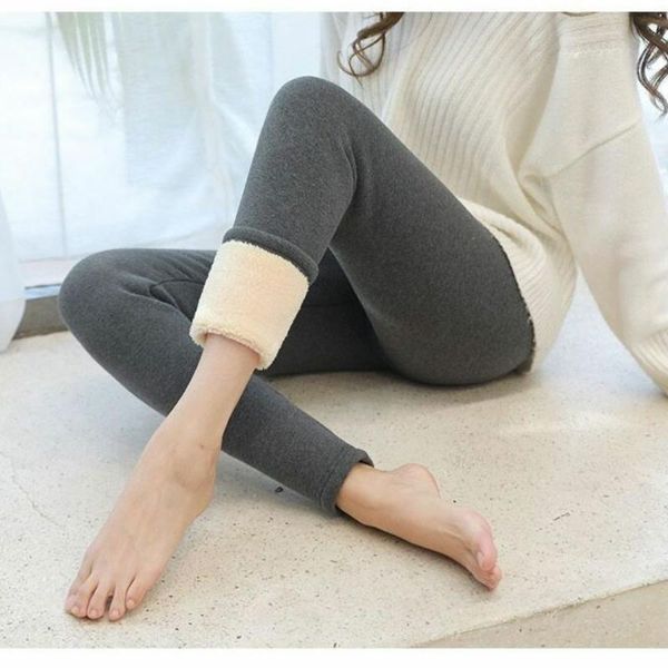 

autumn winter fleece bottoming leggings women ladies thickened solid color elastic high waist skinny stretch pants trousers, Black