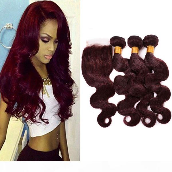

99j burgundy body wave hair bundles with lace closure two tone wine red virgin hair weaves with 4*4 closure, Black;brown