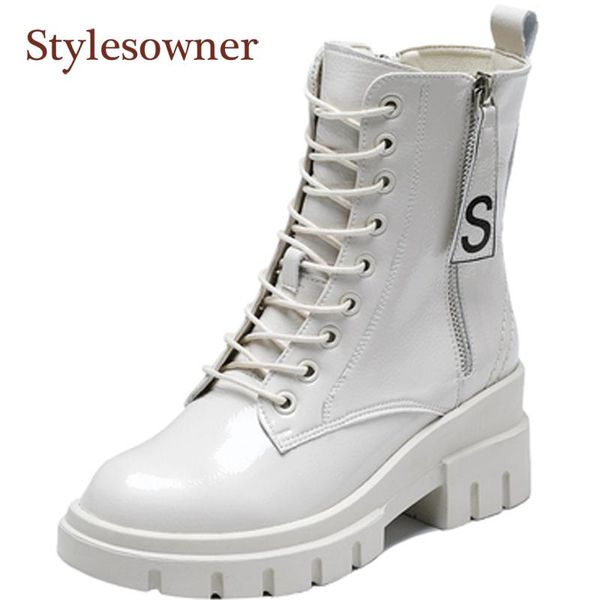 

real leather black thick-soled casual woman martin boots all-match plus velvet lace-up med spring autumn short boot 2021 fashion