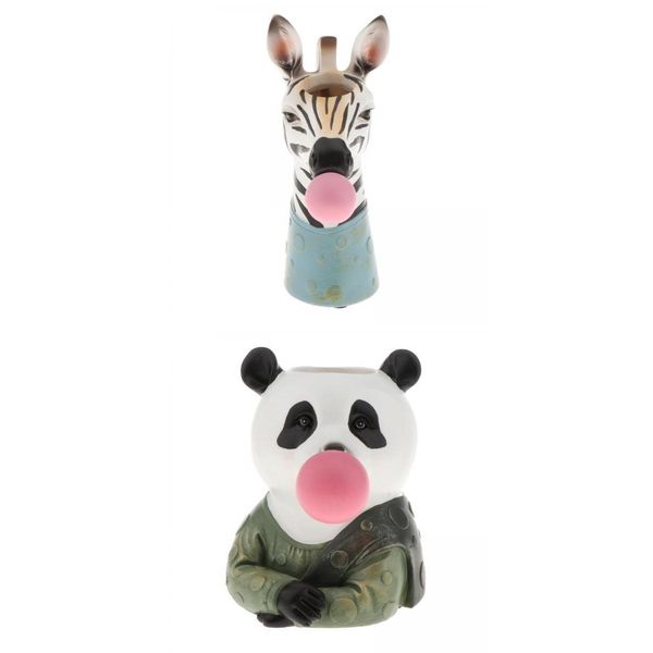 

2x resin animal head dry flower vase planter pot office deskornament