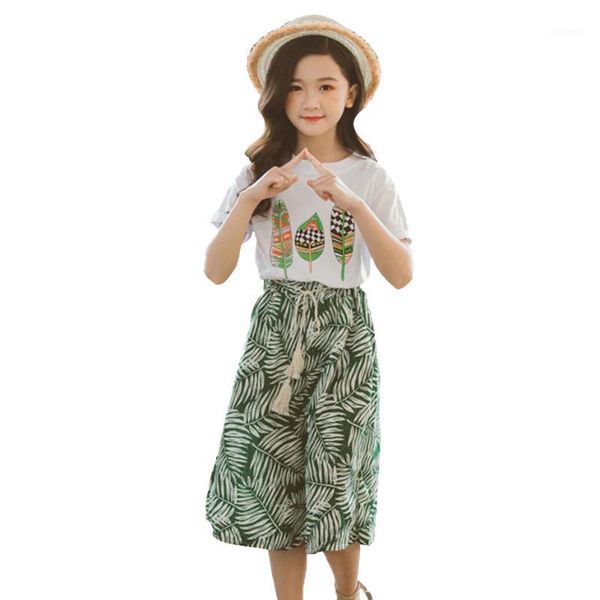 

2020 clothes for girls print t-shirt & pants 2 pcs girls clothes loose wide leg pants suit for girl summer causal suit1, White