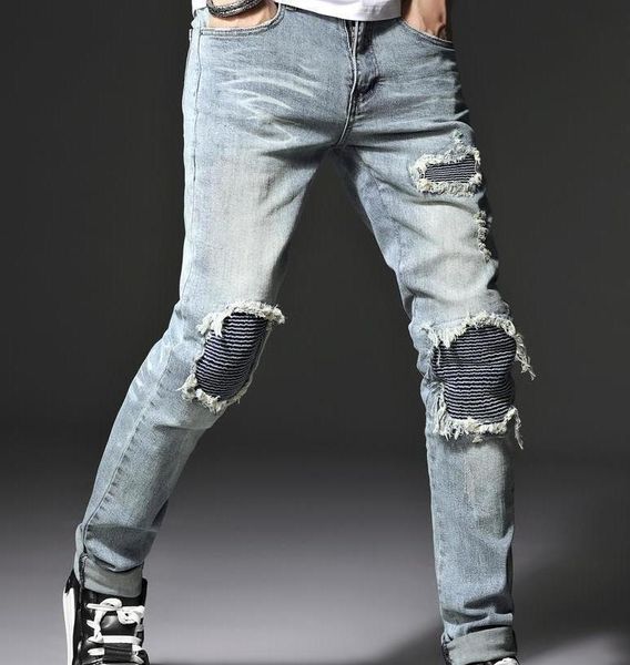 

ripped men's distressed slim biker jeans patch light blue vintage washed denim elastic ny pants size 28-40 high quality