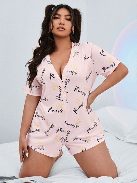 

plus crown & letter graphic sleep romper 40gl#, Black;white
