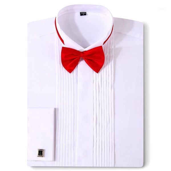 

men tuxedo shirts wedding long sleeve dress french cufflinks swallowtail fold dark button design gentleman shirt white red black1, White;black