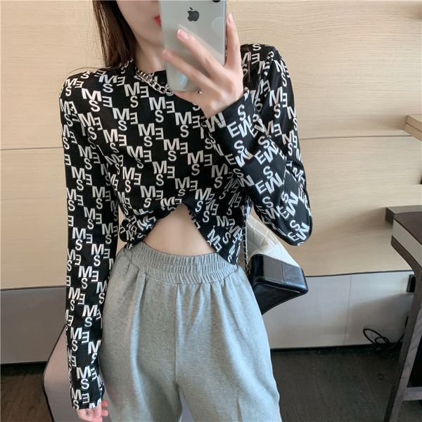 

foreign style character letter base shirt slim short long sleeve printed t-shirt, White