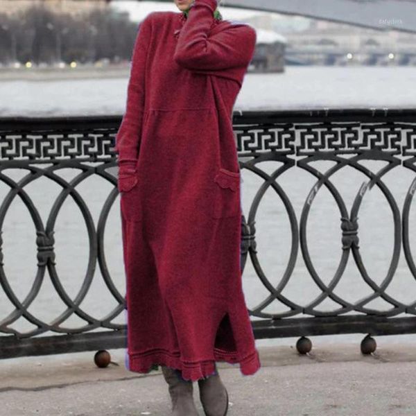 

women's dresses fashion women's solid color casual round neck long sleeve pullover loose pocket dress to ankle plus size dress1, Black;gray