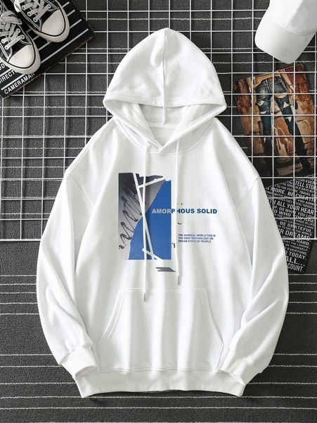 

men slogan & brush print kangaroo pocket drawstring hoodie u5nv#, Black
