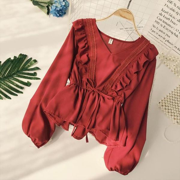 

v neck solid women chiffon blouse shirt lantern sleeve ruffles female casual shirt spring sweet blusas mujer de moda, White