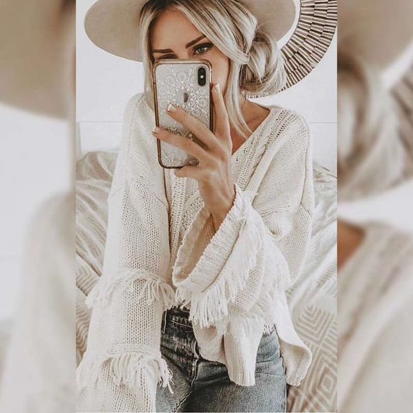 

2019 new women's loose pullover tassel sweater, White;black