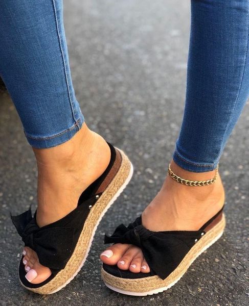 

2021 women summer sandals mid heels pumps plus size wedges shoes woman sweet bowties slippers sandalias mujer sapato feminino, Black