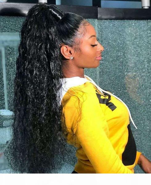 

wholesale-24" 160g wrap hair tail ponytail hair extension wavy curly style tress curly remy haman ponytails hairpieces chignon tail pie, Black