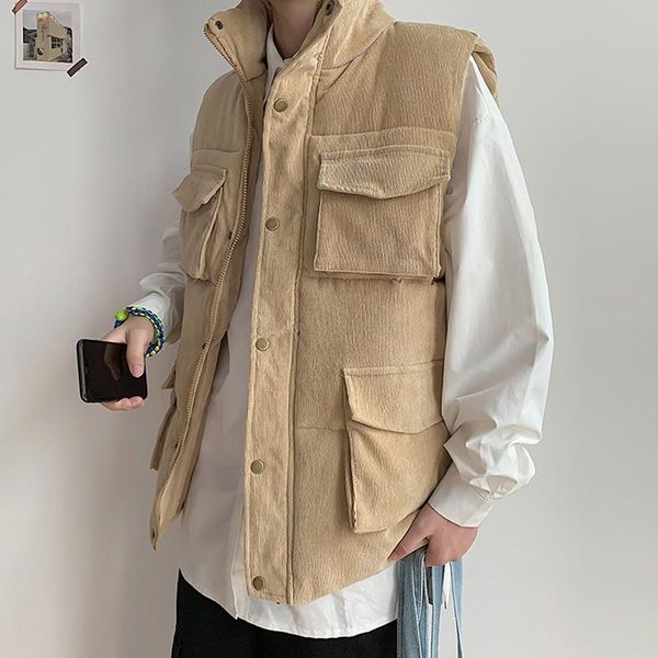 

winter korean vest casual retro loose fashion pocket motorcycle vest thicken warming erkekler yelekler men clothing de50mbx, Black;white