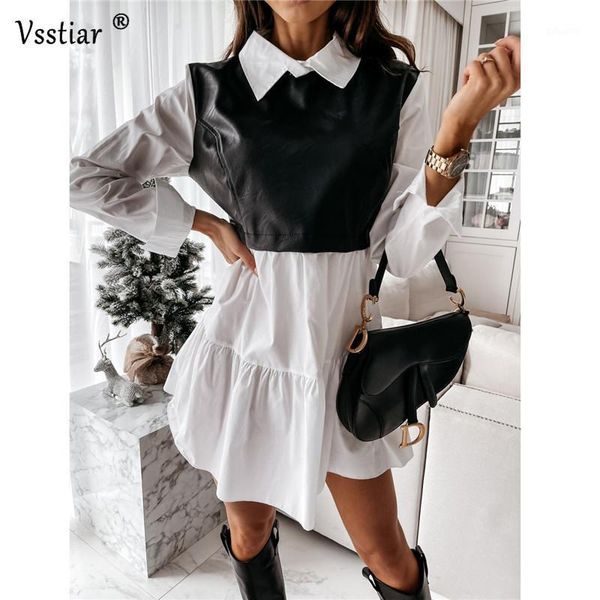 

vsstiar casual patchwork dress women 2021 fashion long sleeve plus size mini a-line vestidos leather pu outfits1, Black;gray