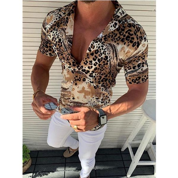 

autumn man vintage shirt 2020 mens leopard printed lapel short sleeve slim shirts hawaiian harajuku men shirts chemise homme, White;black