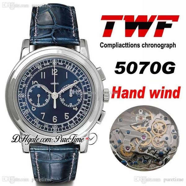 TWF Platinum complicações Cronógrafo 5070g Mão Enrolamento Mens Automático Caso de Aço Azul Dial Blue Leather Strap Ptpp Puretime Puretime 5ad4