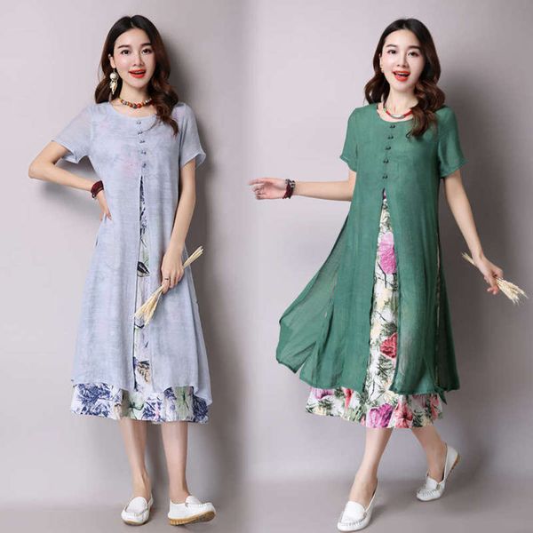 

national style lotus cotton hemp new women's dress fake two dresses in spring and summer of 2019, Black;gray