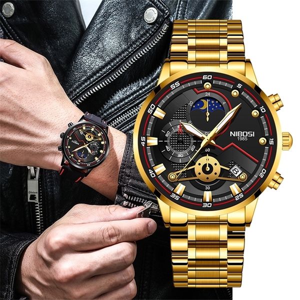 

fashion nibosi brand watch for men luxury sport chronograph waterproof stainless steel quartz watches mens relogio masculino 220225, Slivery;brown