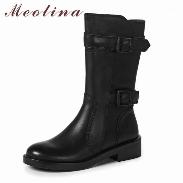 

meotina mid calf boots women real leather mid heel fashion boots shoes buckle zipper chunky heels female autumn winter 421, Black