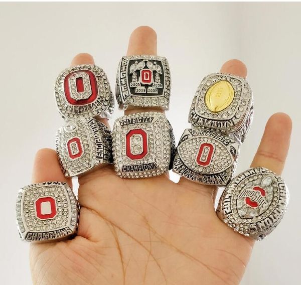 

8pcs 2002 2008 2009 2014 2015 2017 ohio state buckeyes national team champions championship ring set with wooden box souvenir men fan gift, Golden;silver