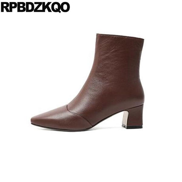

boots block chunky square toe side zip thick genuine leather ankle heel winter autumn women fur 2021 short shoes, Black