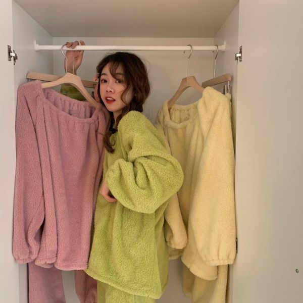 

coral vellvet homewear набор новый стиль зима южная корея толстый теплый теплый сплошной цветной цвет пижама, Black;brown