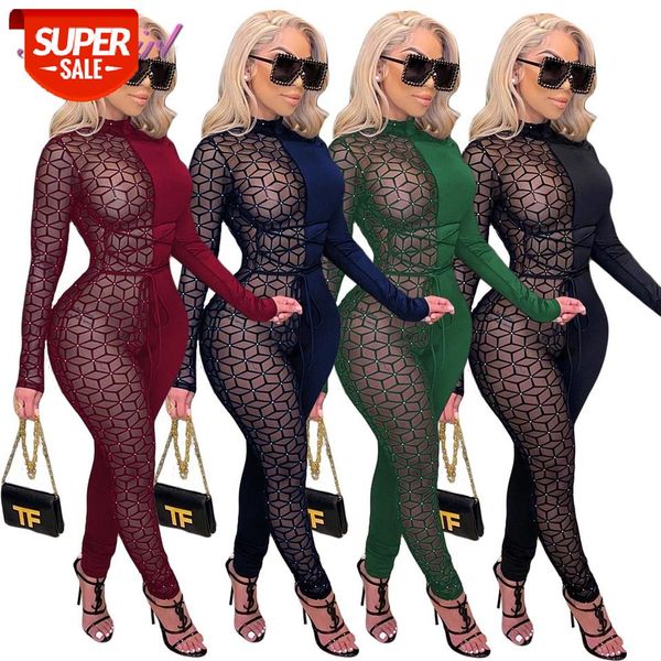 

sheer mesh color patchwork see through night party club skinny jumpsuit women turtleneck long sleeve romper outfit overalls #lm9g, Black;white
