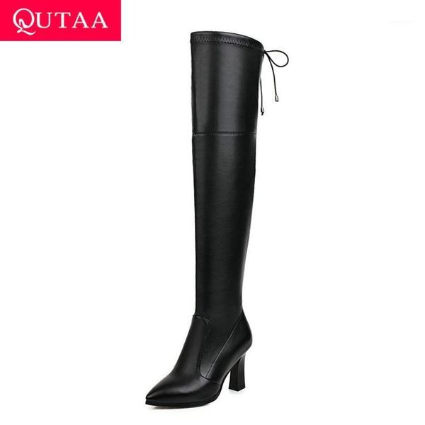 

qutaa 2021 autumn winter over the knee boots pointed toe square high heel women boots pu leather lace up ladies shoes size 34-431, Black