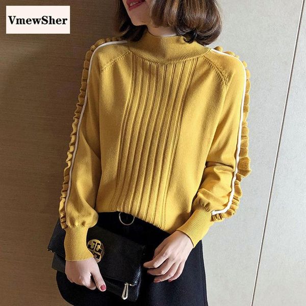 

women's sweaters vmewsher ruffles women sweater winter strip long sleeve fashion pullover autumn warm knitwear office lady elegant knit, White;black