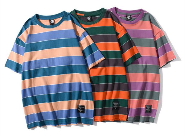 

multicolor striped t shirt men tshirt summer short sleeve korean punk cotton t-shirt streetwear kg-36, White;black