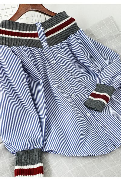 

spring autumn women's patchwork shirts striped navy style loose retro long lantern sleeve shirt woman pl116 q1219, White