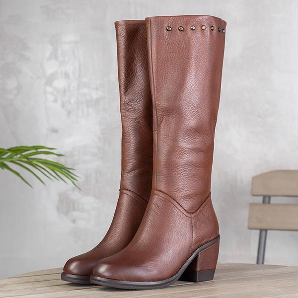 

genuine leather long boots 2020 new autumn and winter womens boots layer cowhide knee-length retro rivets riding1, Black