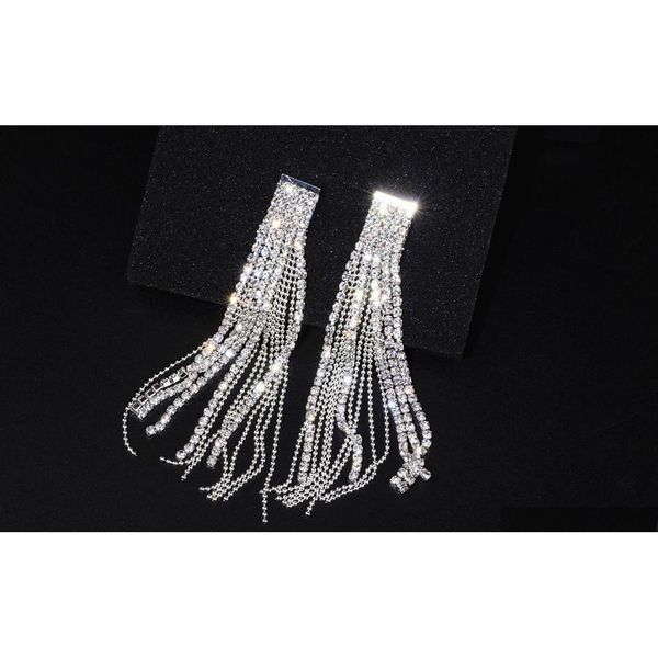 

women bridal long silver color tassel dangle earrings sparkling rhinestone crystal drop earrings wedding jewelry for ladies accessory jylt1
