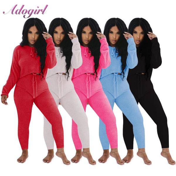 

winter warm fluffy two piece set solid teddy long sleeve hoodies sweatshirt joggers drawstring pants outfit activewear tracksuit, Gray
