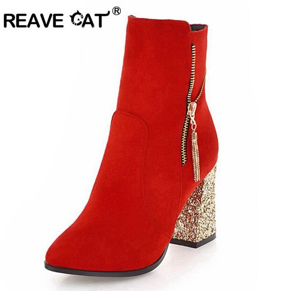 

boots reave cat 2021 autumn shoes women ankle women's pointed toe flock zipper botas female myjer a1248, Black