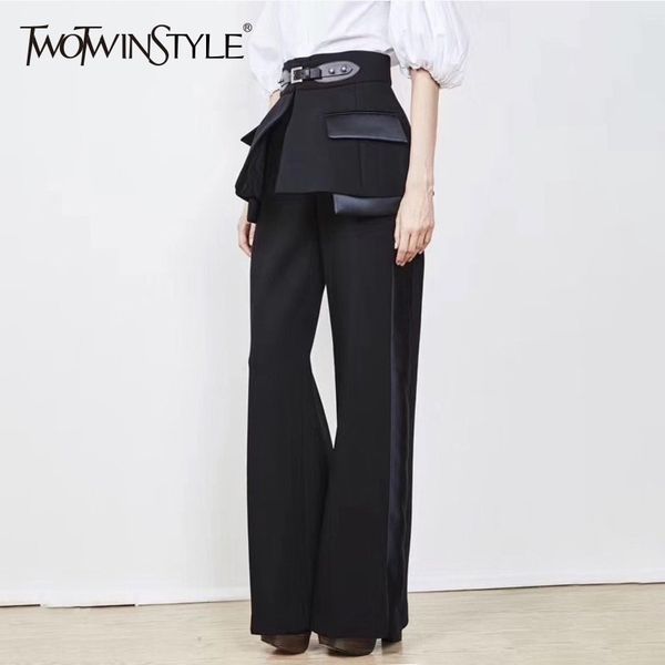 

twotwinstyle high waist wide leg pants female with pu buckle trumpet cummerbund women fashion black trousers autumn winter 201031, Black;white