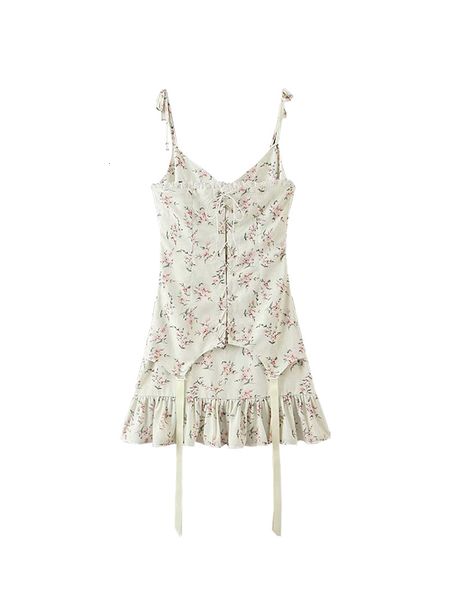 

2021 new summer french vintage floral cream spaghetti print belts mini frilly dresses with cleavage on v woman dress two q6l9, Black;gray