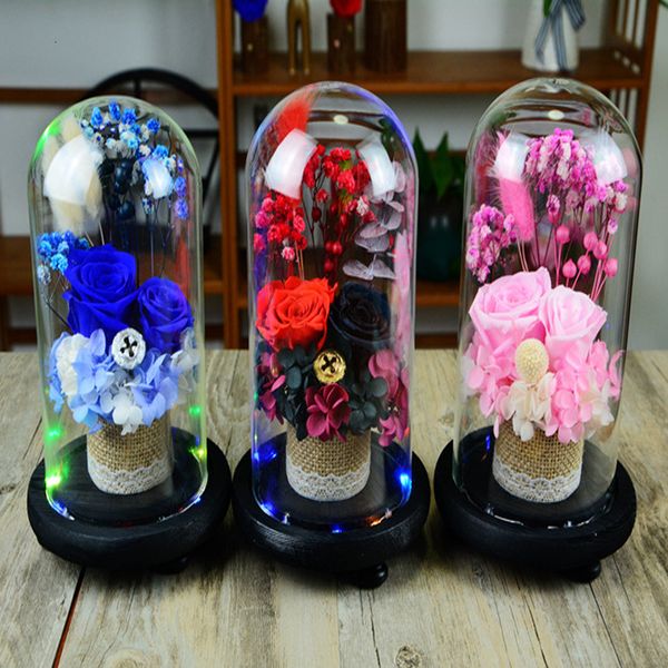 

2021 new wedding decoration glass cover fresh preserved rose flower with led light string beautiful table lamps for home decor viul