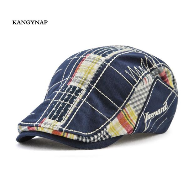 

berets [kagynap] summer hats for men women retro fashion beret mens grid flat cap peaked caps embroidery snapback, Blue;gray