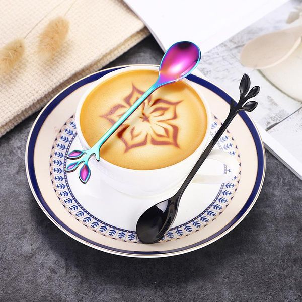 

8pcs one set mini leaves coffee spoon and dessert fork stirring spoon ice tool stainless steel tableware christmas gift h bbybiz