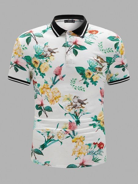 

men striped trim floral polo shirt g0ws#, White;black