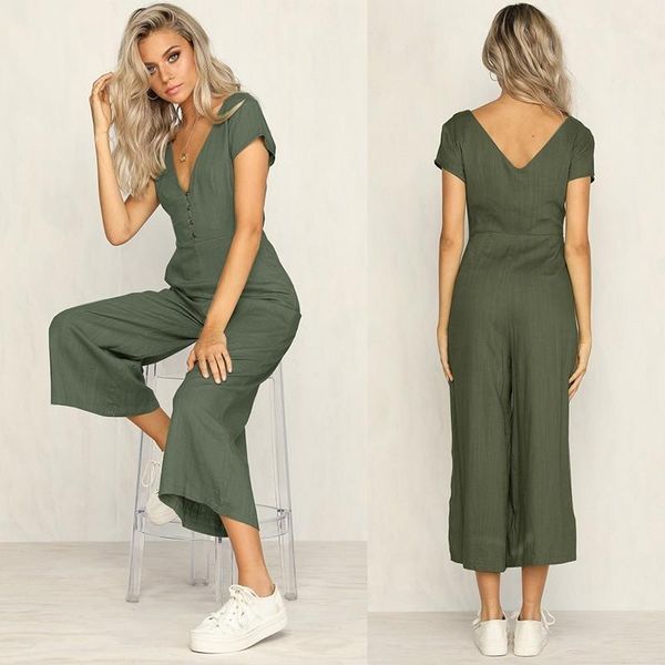 

women's jumpsuits & rompers solid color deep v-neck sleeveless 2021 summer women fitness slim button long bodysuit skinny jogger1, Black;white