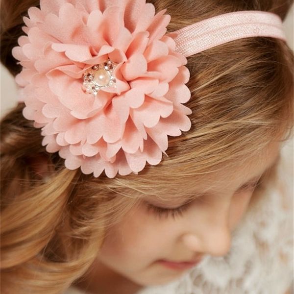 

cute colors newborn baby headbands big flower rhinestone hairbands children kids hair accessories headdress chiffon bow head bands, Slivery;white