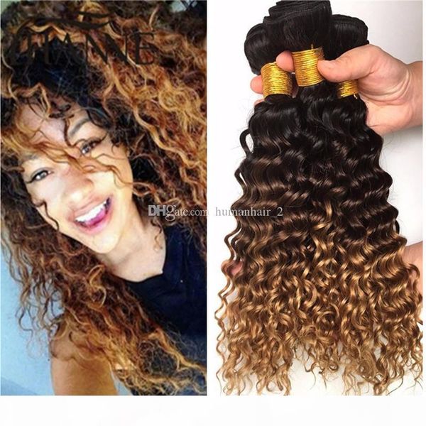 

new sale 1b 4 27 honey blonde ombre kinky curly human hair extensions three tone brown blonde ombre virgin hair weaves 3pcs lot, Black;brown