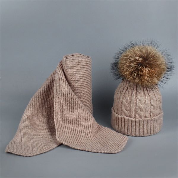 

children and winter scarf set for girls boys kids knitted woman real fox fur pom ears baby shawl y201007, Blue;gray