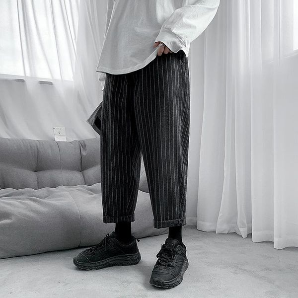 

2021 spring new men's casual pants thin section japanese loose large size men's trousers youth striped cropped trousers, Black