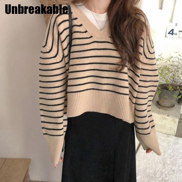 

women's sweaters 2021 preppy style striped v-neck full-sleeved student loose regular simple fresh autumn knitted all match, White;black