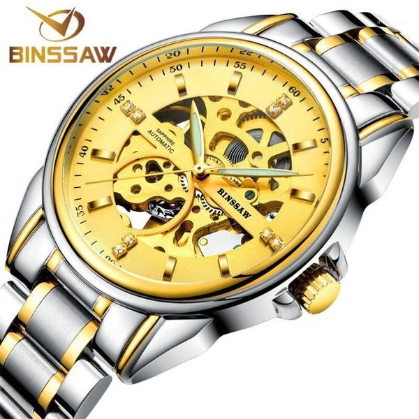 

binssaw original stainless steel fashion men clock automatic mechanical waterproof skeleton business sports watch1, Slivery;brown